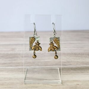 RARE Bronze and Silver Bee and Leaf On Frame Dangle Earrings French Hook Backs